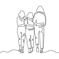 Continuous one line drawing of three girls walking. vector