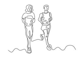 Continuous one line drawing of man and woman running vector