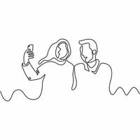 Continuous one line drawing of couple selfie with camera vector