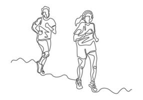 Continuous one line drawing of man and girl running. vector