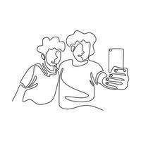 dibujo continuo de una línea de dos personas divertidas tomando fotografías vector