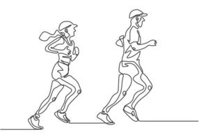 Continuous one line drawing of man and girl running. vector