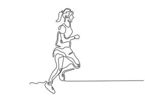 Continuous one line drawing of girl doing sport. Woman running vector