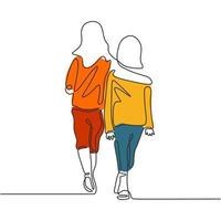 Continuous one line drawing of two girls walking. vector