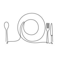 One continuous line plate, knife and fork. Vector illustration