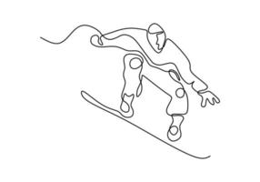 joven profesional de esquí en las montañas y dibujo de líneas de snowboard vector