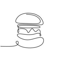 Burger one line drawing of junk or fast food vector