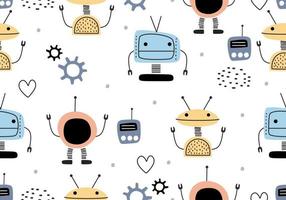 Funny robots seamless pattern with scandinavian drawing style. vector