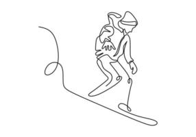 One line drawing of man doing winter sport. Person of ski racer vector