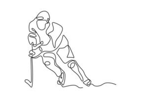 One line drawing of ice hockey player dribbling the ball with stick. vector