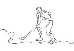 hombre jugando deporte de hockey sobre hielo. dibujo de linea continua vector