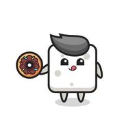 illustration of an sugar cube character eating a doughnut vector