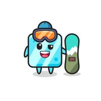 Ilustración de personaje de cubo de hielo con estilo de snowboard vector