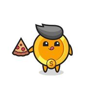 cute dollar currency coin cartoon eating pizza vector