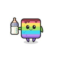 baby rainbow cake cartoon character with milk bottle vector