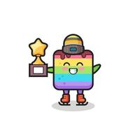 rainbow cake cartoon as an ice skating player hold winner trophy vector