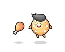 cute sesame ball floating and tempted because of fried chicken vector