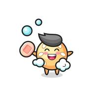 El personaje de la bola de sésamo se está bañando mientras sostiene el jabón. vector
