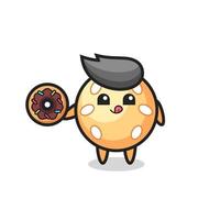 illustration of an sesame ball character eating a doughnut vector