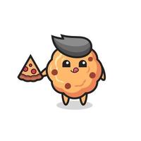 cute chocolate chip cookie cartoon eating pizza vector