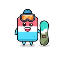 Illustration of eraser character with snowboarding style vector