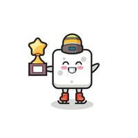 sugar cube cartoon as an ice skating player hold winner trophy vector