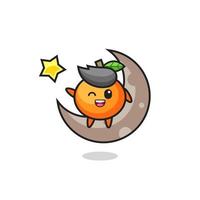 illustration of mandarin orange cartoon sitting on the half moon vector