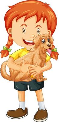 Happy girl cartoon character hugging a cute dog