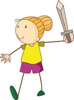 A doodle kid holding a sword cartoon character isolated vector