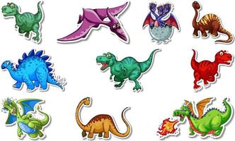 Sticker set with different types of dinosaurs cartoon characters vector