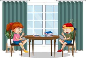 Children learning from home on electronic device vector