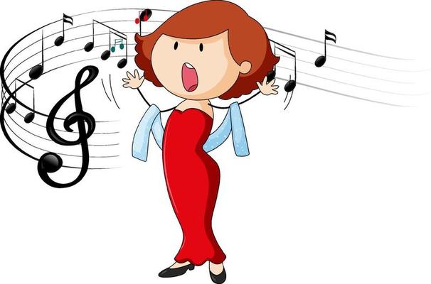 Doodle cartoon character of a singer woman singing with melody symbols