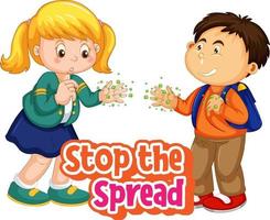 Stop the Spread font with two kids do not keep social distancing vector