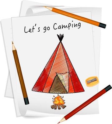 Sketch camping tent on paper isolated