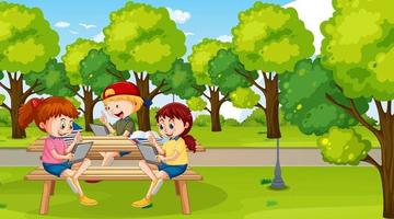 Kids leaning online with tablet in the park vector