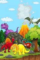 Prehistoric landscape scene with various dinosaurs