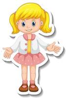 Sticker with a girl in standing pose cartoon character isolated vector