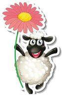 Sticker with cartoon character of a sheep holding a flower isolated vector