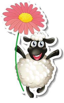 Sticker with cartoon character of a sheep holding a flower isolated