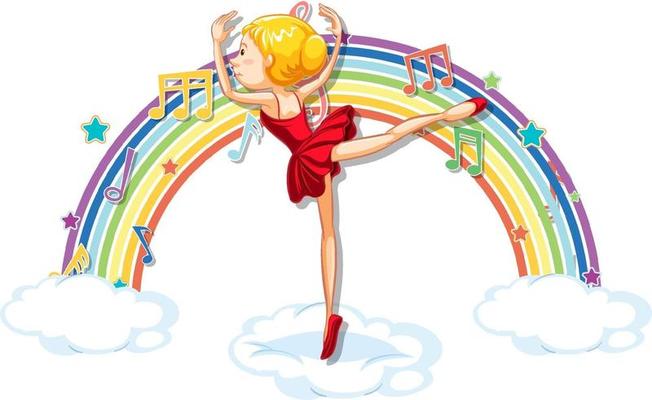 Ballerina dancing on the cloud with melody symbols on rainbow