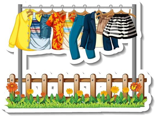 Sticker of Clothes racks with many clothes on hangers