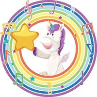 Unicorn in rainbow round frame with melody symbol vector