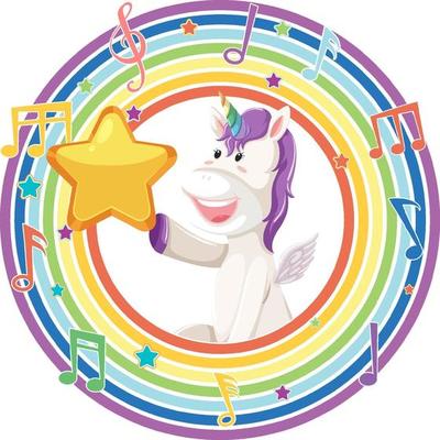 Unicorn in rainbow round frame with melody symbol