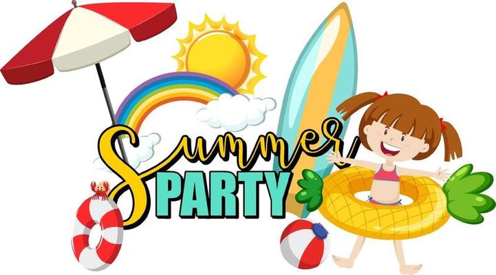 Summer Party text with a girl cartoon character and beach items