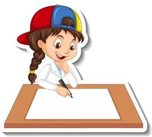 Pegatina de personaje de dibujos animados con una niña escribiendo en papel en blanco vector