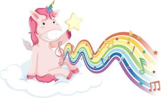 unicornio sentado en la nube con símbolos de melodía en la onda del arco iris vector