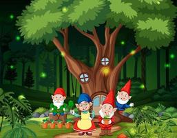 Fantasy forest scene with gnome family vector