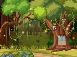 Enchanted forest background with tree house vector