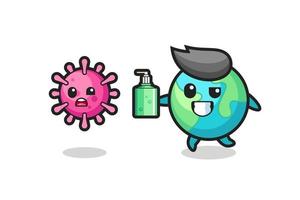 illustration of earth character chasing evil virus with hand sanitizer vector