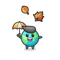 cartoon of the cute earth holding an umbrella in autumn vector